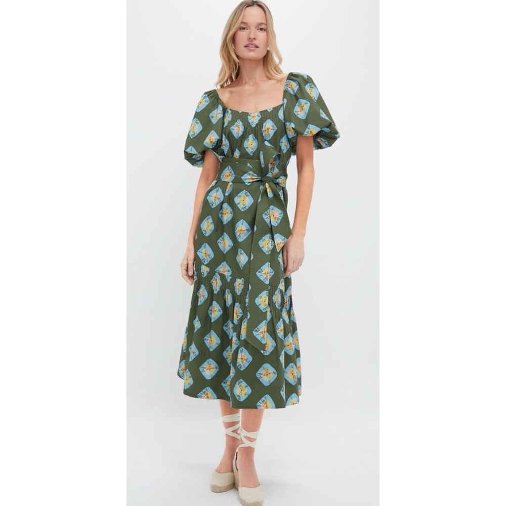 Tuckernuck Olive & Aqua Diamond Clary Puff Sleeve Cotton Dress  Size Medium